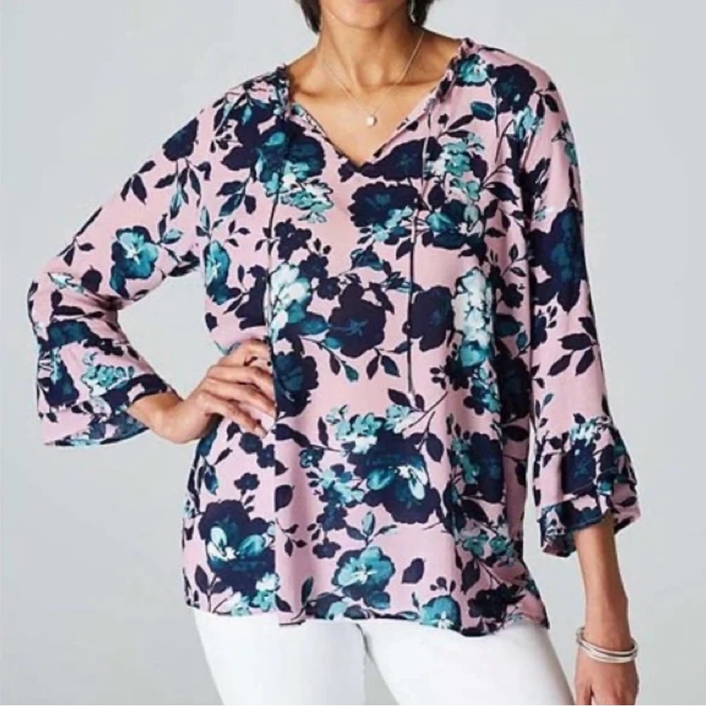 J. Jill Beautiful Blooms Floral Bell Sleeve Blouse Purple Size Small